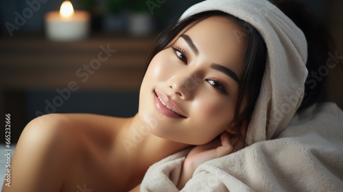 Beautiful young asian woman with clean fresh skin on spa background  Face care  Facial treatment  Cosmetology  beauty and spa  Asian women portrait