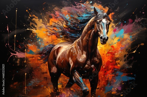 Colorful painting of a horse with creative abstract elements as background © loran4a
