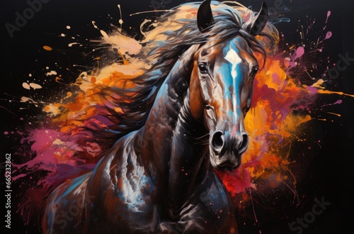 Colorful painting of a horse with creative abstract elements as background