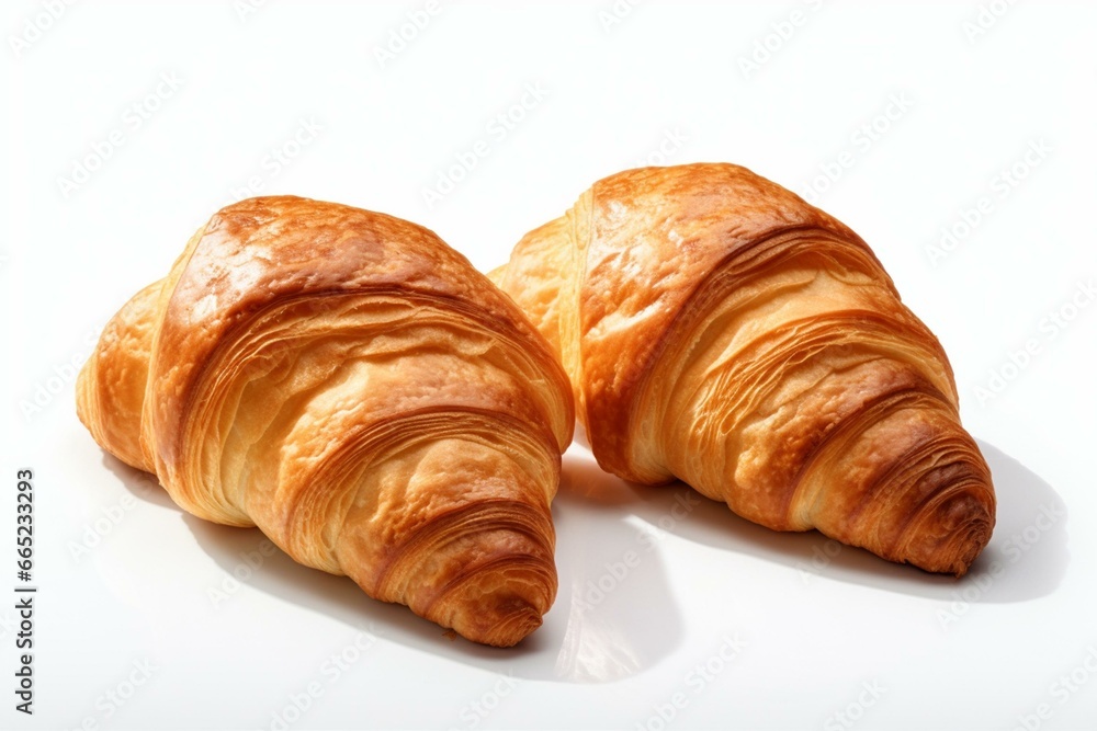 Two croissants on white background, bakery composition. Generative AI