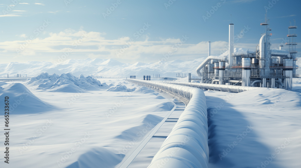 Arctic pipeline infrastructure, navigation through snow-laden terrain for efficient resource transportation. Industrial petrochemical transport system, gas and oil processing pipeline. Generative AI Arctic pipeline infrastructure, navigation through snow-laden terrain for efficient resource transportation. Industrial petrochemical transport system, gas and oil processing pipeline. Generative AI