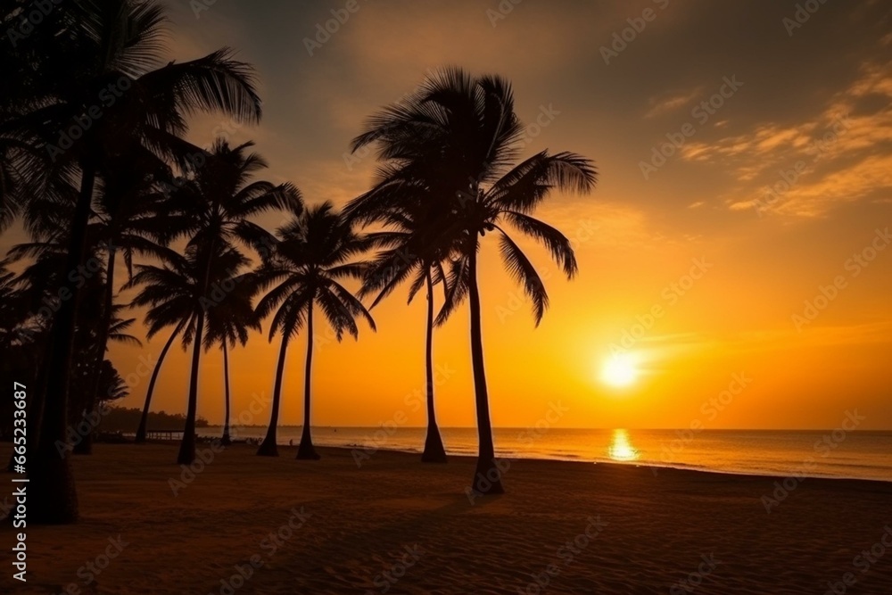 beautiful sunset on beach with palm tree silhouettes. Generative AI
