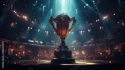 The esports winner trophy standing on the stage in the middle of the arena of the computer video game championship. Two rows of PCs for competing teams