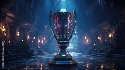 The esports winner trophy standing on the stage in the middle of the arena of the computer video game championship. Two rows of PCs for competing teams