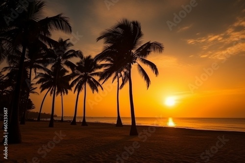 beautiful sunset on beach with palm tree silhouettes. Generative AI © Elodie