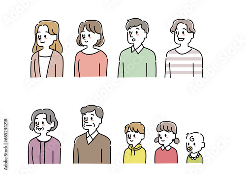 左側を向いているさまざまな年齢の人物のイラストセット