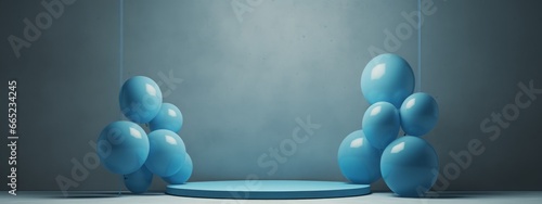 Blue 3D podium balloon background gift present stage product box platform birthday. Podium mockup 3D sale festive party template blue concept open scene white stand shop graphic display illustration.