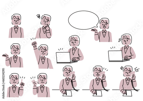 お仕事をしている会社員の女性のさまざまなポーズや表情のイラストセット
