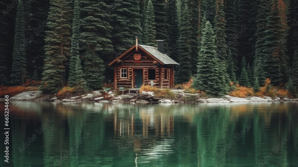 Fototapeta premium The cabin is in front of the woods by the lake, AI generated