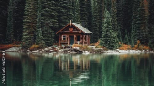 The cabin is in front of the woods by the lake, AI generated