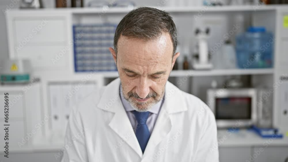 Confident middle age man, grey-haired, happy scientist wearing security glasses, studied research and science, loving his work in the medicine lab, sporting a smile. Confident middle age man, grey-haired, happy scientist wearing security glasses, studied research and science, loving his work in the medicine lab, sporting a smile.