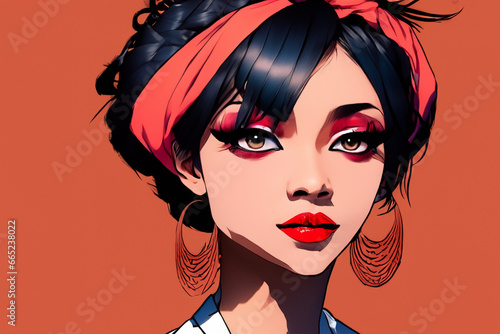 Avatar for a social network. Draw illustration of black woman. Beautiful cartoon anime woman, face of sensual girl, cartoon female. Close up illustration of woman face.