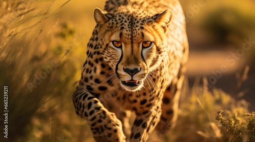 AI generated illustration of A beautiful lion sprinting through a grassy savannah © Wirestock