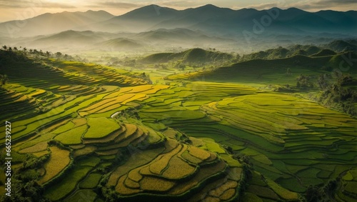 AI generated illustration of An awe-inspiring landscape view of rolling rice fields
