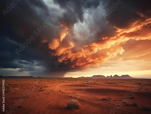 AI generated illustration of a beautiful orange and yellow sunset sky above a sandy desert landscape