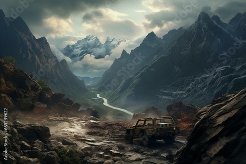 A wide view of a vehicle navigating the mountainous terrain. Generative AI