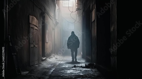 man walking in an alley way holding a gun and walking in the distance