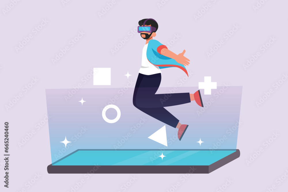Happy people playing virtual game. Virtual game  concept. Colored flat vector illustration isolated.