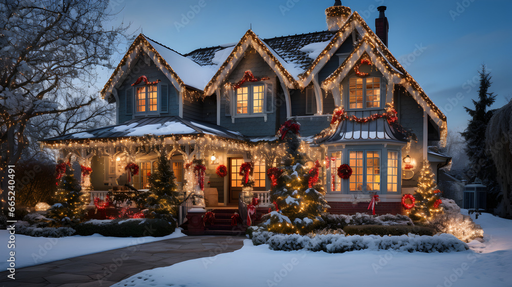 House with Christmas Decorations on a Snowy Evening, Festive Atmosphere, High-Quality 4K
