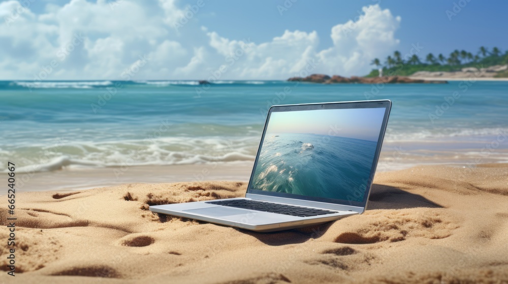 Laptop computer at beach. Laptop and a cup of coffee sea view background. Realistic landscapes, modern design.