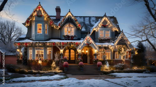 House with Christmas Decorations on a Snowy Evening, Festive Atmosphere, High-Quality 4K