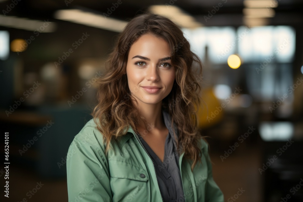 Storekeeper woman in a warehouse. Portrait with selective focus and copy space Storekeeper woman in a warehouse. Portrait with selective focus and copy space