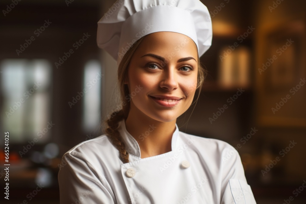 Woman cook or chef in a restaurant kitchen. Portrait with selective focus and copy space Woman cook or chef in a restaurant kitchen. Portrait with selective focus and copy space