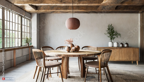 Chairs around rustic round wood dining table. Japandi interior design of modern dining room photo