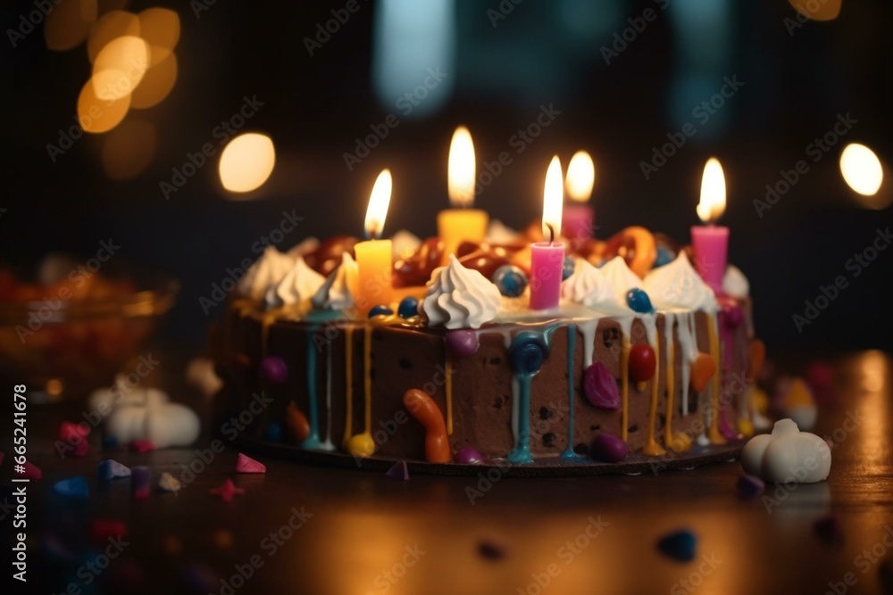 Colorful cake with lit candles surrounded by beautiful lights. Generative AI