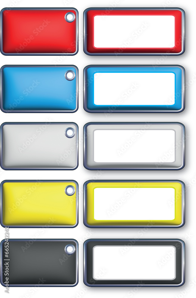 Vector set of metal buttons. Page stickers, labels, collection of metal frame objects with holes, illustration. Object isolated, empty for text. Vector set of metal buttons. Page stickers, labels, collection of metal frame objects with holes, illustration. Object isolated, empty for text.