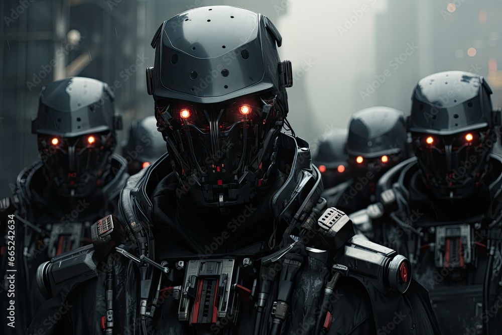 Cybernetic Defenders, Riot police stand guards, Robotic Police officers in action, hi-tech special forces, red eyes robots, futuristic armed forces, humanoid soldiers Cybernetic Defenders, Riot police stand guards, Robotic Police officers in action, hi-tech special forces, red eyes robots, futuristic armed forces, humanoid soldiers