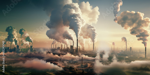 A sprawling industrial landscape with factories emitting CO2, a stark portrayal of environmental impact.