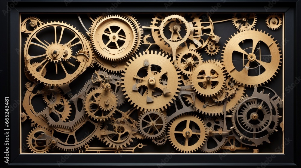 A 3D frame with intricate clockwork gears, an ode to precision engineering. - obrazy, fototapety, plakaty 