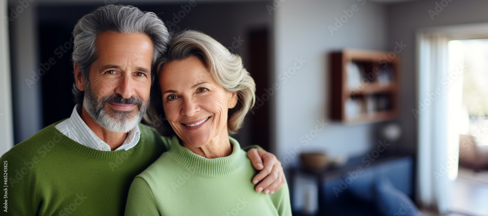 Fototapeta premium Portrait of Happy Senior European Couple Enjoying Retirement at Home
