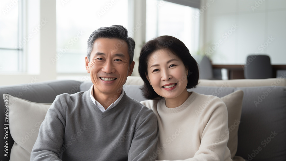 Senior Asian Couple in Cozy Sweaters Relaxing on Living Room Sofa Senior Asian Couple in Cozy Sweaters Relaxing on Living Room Sofa