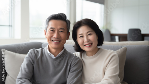 Senior Asian Couple in Cozy Sweaters Relaxing on Living Room Sofa