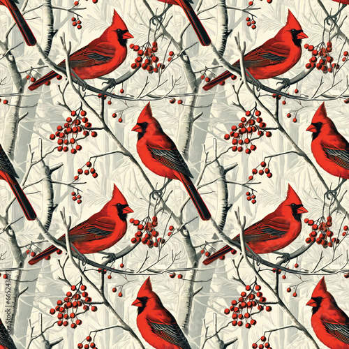 Cardinal Woodcut Pattern with Trees and Berries
