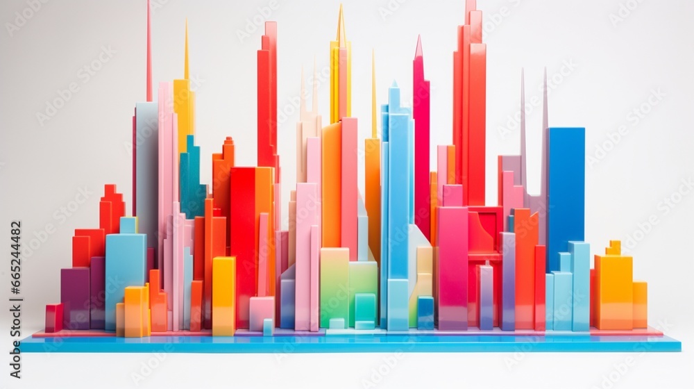 Construct an abstract 3D sculpture resembling a vibrant cityscape with colorful skyscrapers, all set against a clean white canvas.