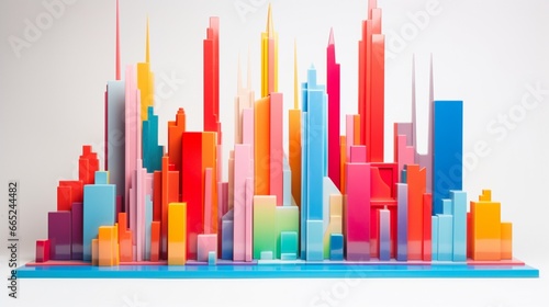 Construct an abstract 3D sculpture resembling a vibrant cityscape with colorful skyscrapers  all set against a clean white canvas.