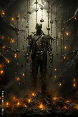 A fantasy illustration depicting a concept of the hanged man in tarot, suspended in time and contemplation. Generative AI. 