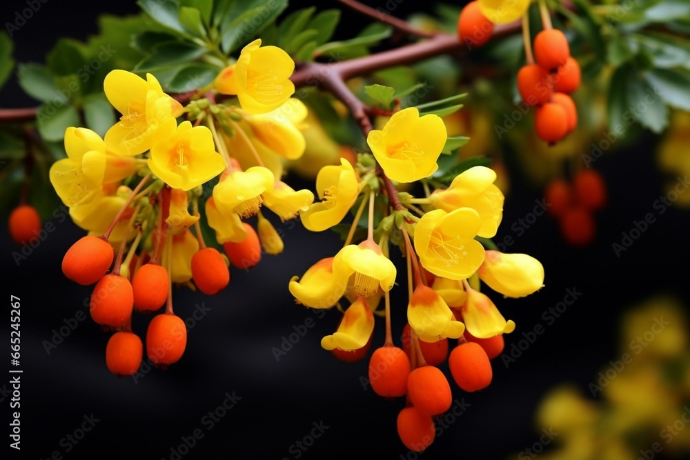 A type of flowering plant known as berberis darwinii. Generative AI - obrazy, fototapety, plakaty 