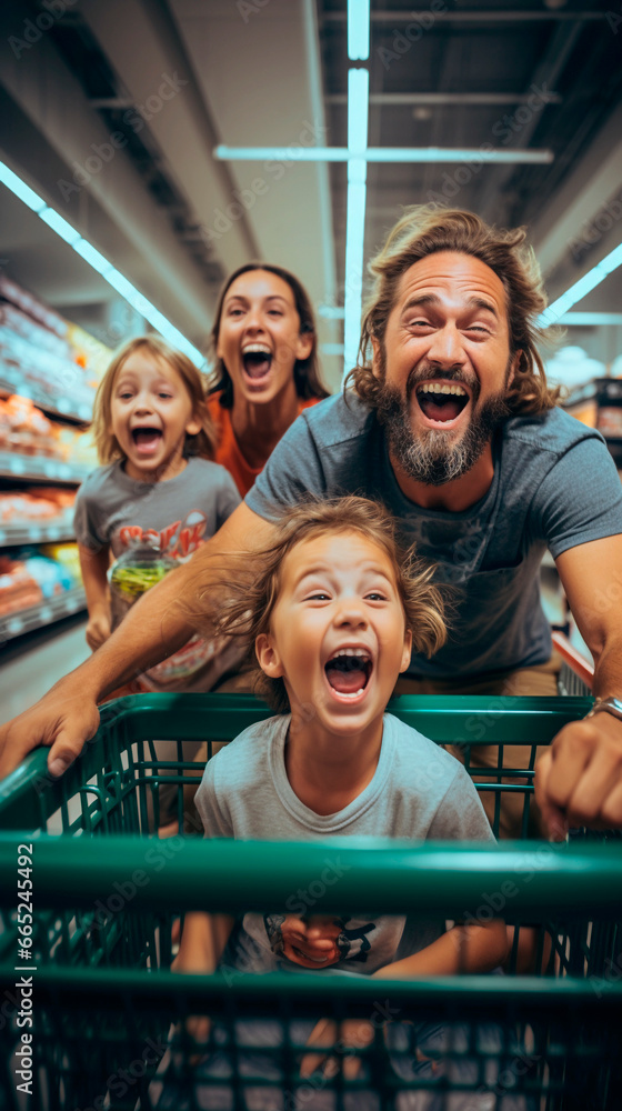 A joyful family with a shopping cart for Discounts offers at the supermarket