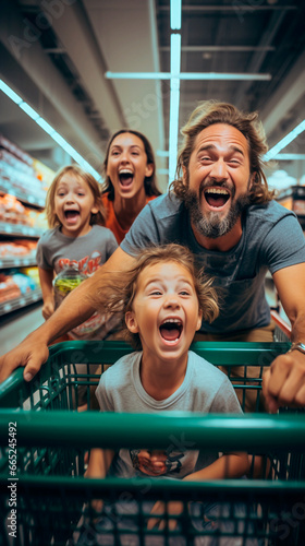 Obraz na płótnie A joyful family with a shopping cart for Discounts offers at the supermarket w salonie