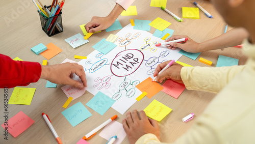 Professional startup group share creative marketing idea by using mind map. Young skilled business people brainstorm business plan while writing sticky notes. Focus on hand. Closeup. Variegated. © Summit Art Creations