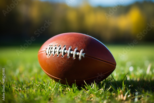 Close up shot of a brown leather football ball on grass football field American football. 