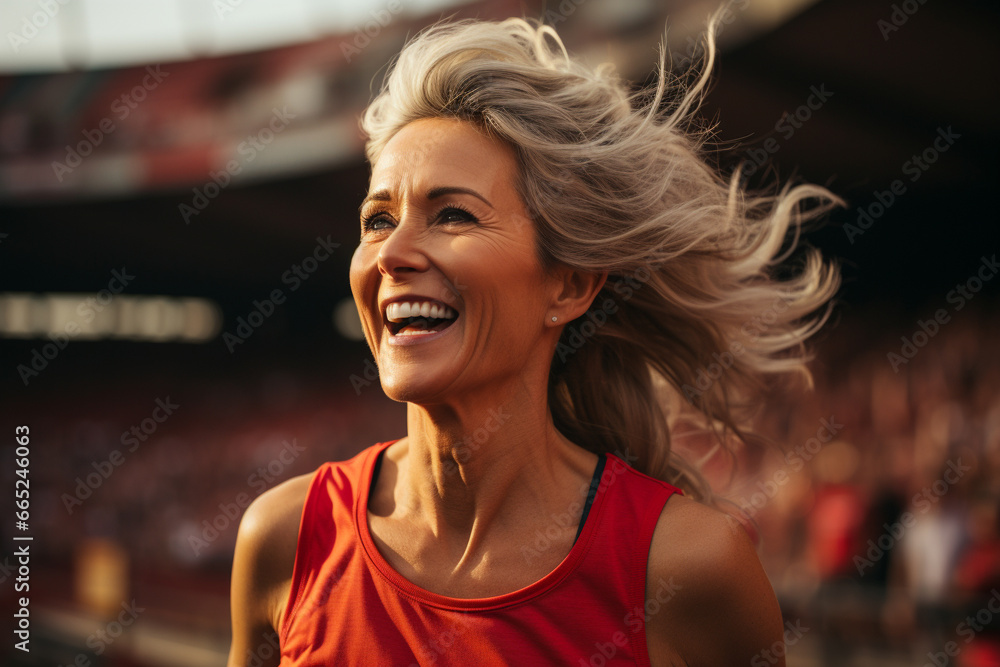 Happy mature woman running in the morning, exercise for weight loss in the stadium.