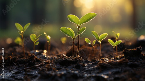 The seedling are growing from the rich soil to the morning sunlight that is shining, ecology concept. 