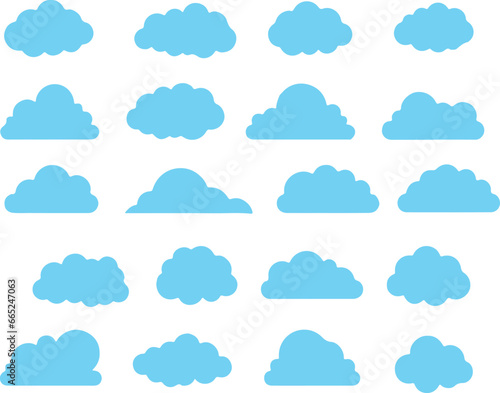 Icon set of blue clouds in various shapes. Thin line icons, flat vector illustrations. Isolated on white, transparent background