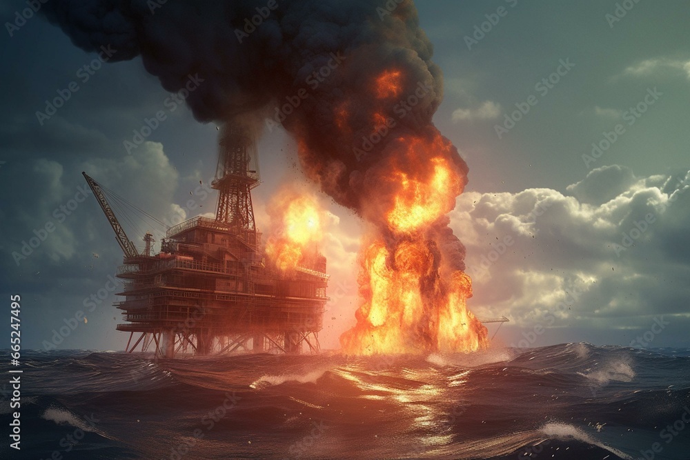 Illustration depicting an oil rig on fire in the middle of the ocean, causing pollution and a catastrophic explosion. Generative AI