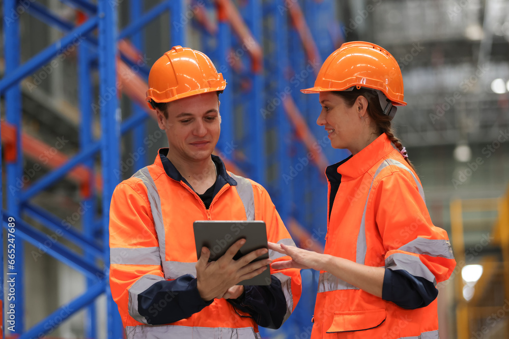 Two workers in warehouse using tablet for check inventory Two workers in warehouse using tablet for check inventory